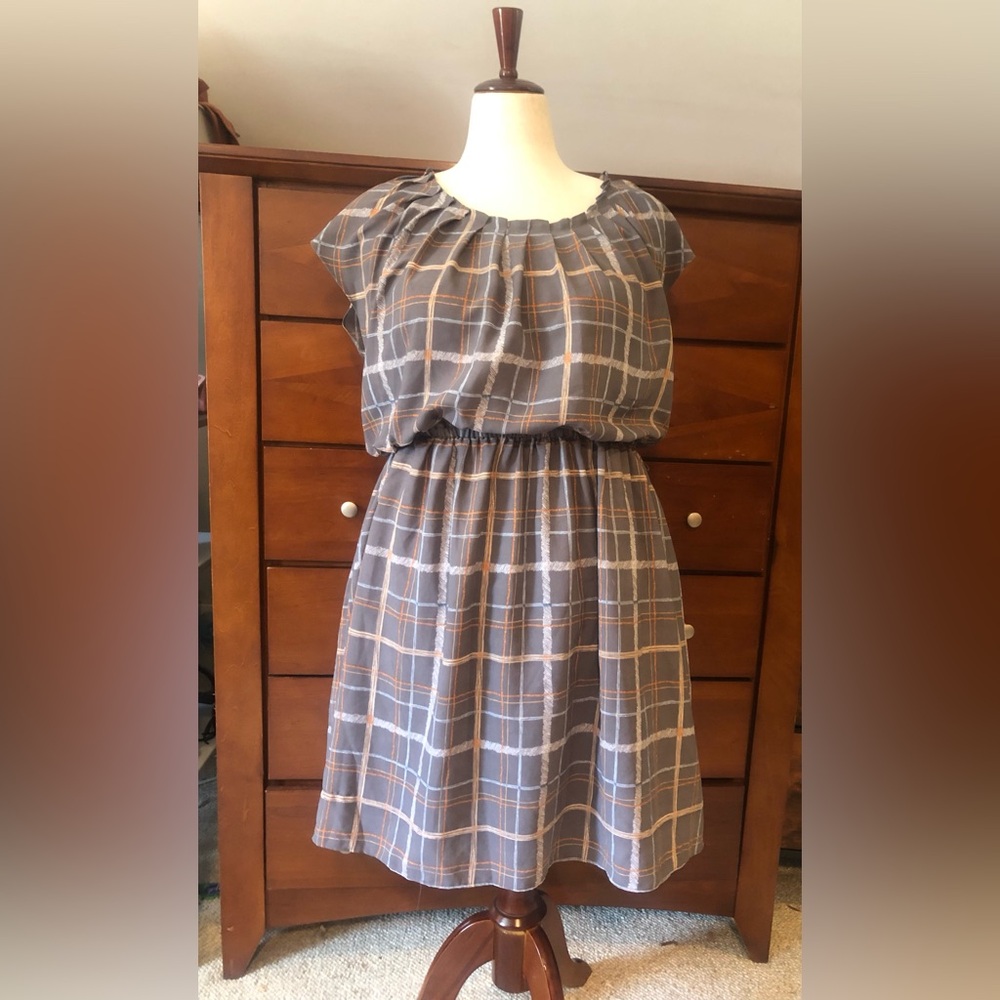 LC Lauren Conrad Gray Plaid Midi Dress with Tan Stripes